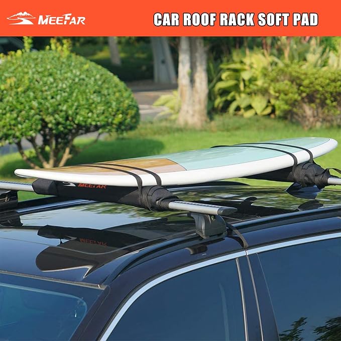 MeeFar Universal Car Soft Roof Rack Pads Luggage Carrier Rack for Kayak Surfboard SUP Canoe Include 2 Heavy Duty Tie Down Straps, 2 Tie Down Rope, 2 Quick Loop Strap