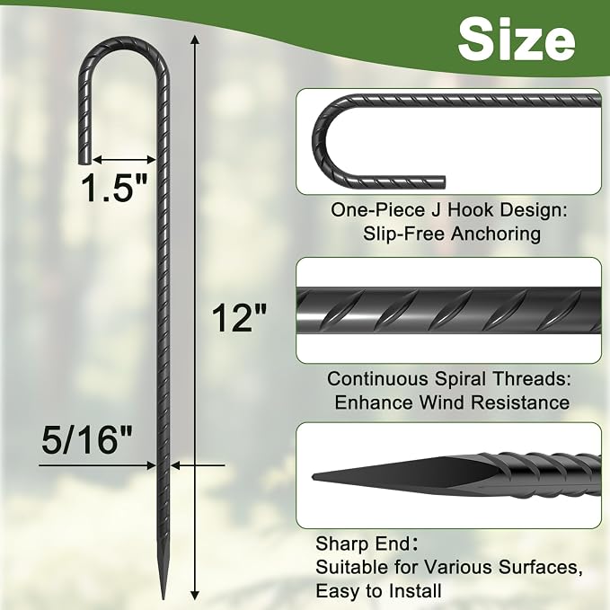 Heavy Duty J Hook Rebar Stakes 12 Inch 32 Pack, High Wind Resistance Metal Tent Stakes, Anti-Rust Galvanized Steel Ground Fence Stake for Securing Fence Bottom, Canopy, Inflatables, Yard Decor