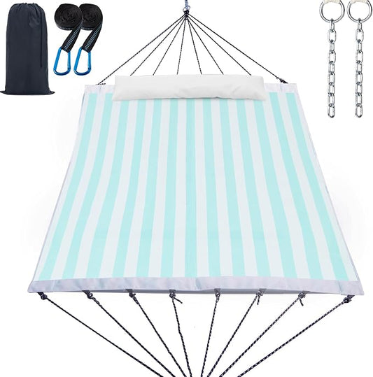 GAFETE 14ft 2 Person Hammock for Outside, Quick Dry Textilene, Portable Hammocks Without Stand with Folding Steel Spreader Bar, Carrying Bag, Tree Straps, Pillow & Sidebag, 550 lbs Capacity (Cyan)