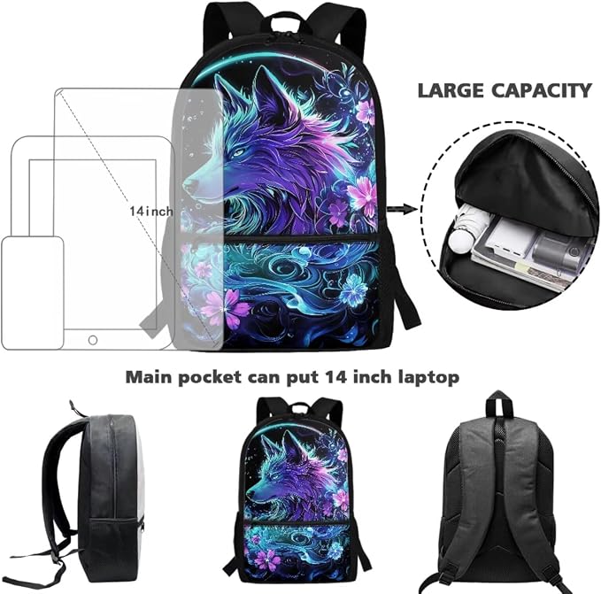 Wolf School Bag Girls Backpack with Lunch Bag and Pencil Pouch Water Bottle Holder Childrens School Daypack Travel Bag Satchel Bagpack Set 4 in 1