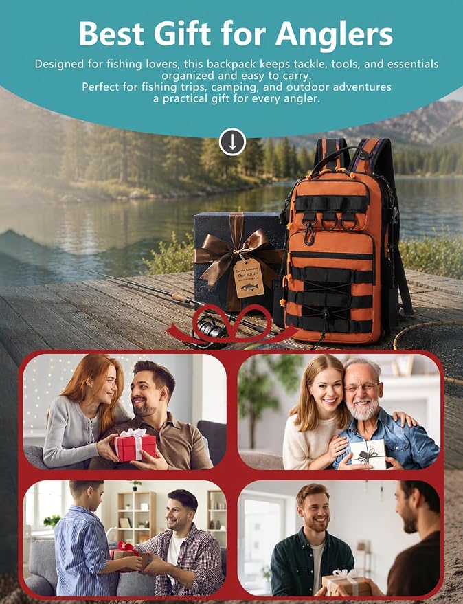 2 in 1 Compact Tactical Fishing Backpack with Tackle Boxes, Lightweight Waterproof Tackle Bag Fit 2 * 3600 Tackle Boxes, 2 Rod Holders Storage, Fishing Accessories Gift for Men Orange