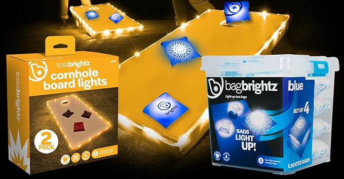 Brightz Cornhole Board Edge Lights with LED Bags - Includes 4-Pack of LED Cornhole Bags + TossBrightz Cornhole Board Edge Lights - The Ultimate Night Time Cornhole Master Set