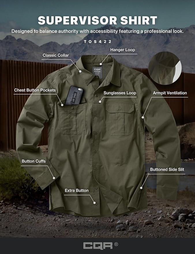 CQR Men's Long Sleeve Tactical Shirts, Ripstop Military Work Shirts, UPF 50+ Breathable Button Down Outdoor Hiking Shirt