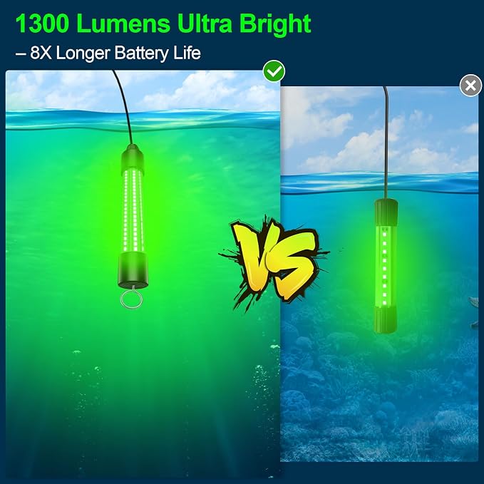 Underwater Fishing Light Compatible for DeWalt 20V Battery（Battery Not Included）, IP68 Waterproof 1300 Lumens LED Submersible Green Fish Attractor Light for Night/Ice/Boat Fishing