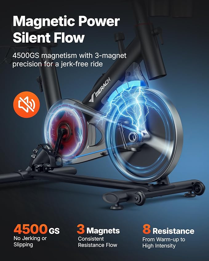 Merach Exercise Bike, Magnetic Friction Stationary Bike with Brake Pad and Exclusive App, Low Noise Indoor Cycling Bike with 300lbs Weight Capacity, Tablet Mount and Fitness Courses for Weight Loss