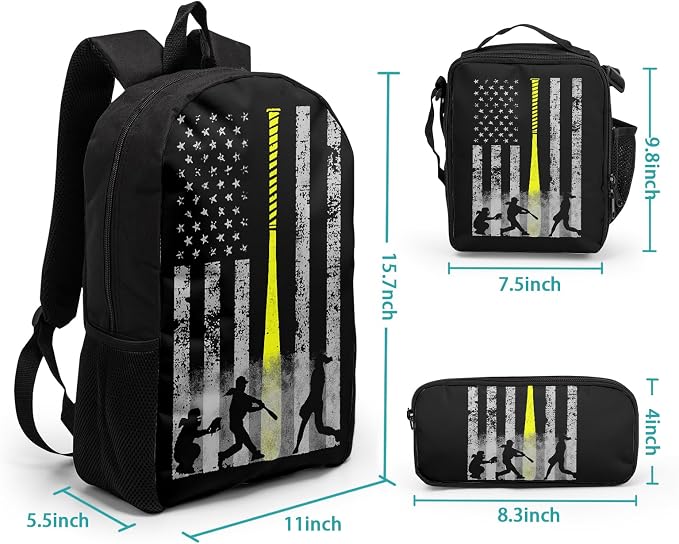 Giwawa Baseball American Flag Backpack Set 3 Pcs Patriotic USA Sporty Lightweight Bookbag Insulated Lunch Box Organizer for Athletes Students Sports Events Study Back to School Day Travel