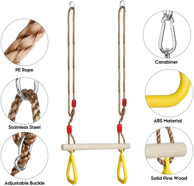 Trapeze Swing Bar with Rings, Wooden Trapeze Swing Bar with Plastic Gym Rings Adjustable Rope, Locking Straps, Outdoor Swing Set Playground Accessories for Kids (Yellow)