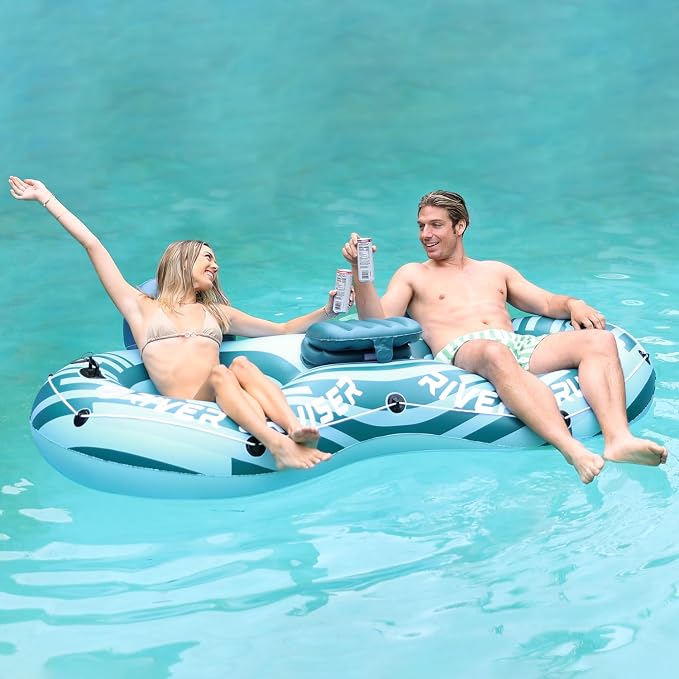 Heavy Duty 2 Person River Tubes for Floating with Cooler Inflatable Floating Lounger Premium Water Rafts Pool Float Above Lake and River for Adults Double Green