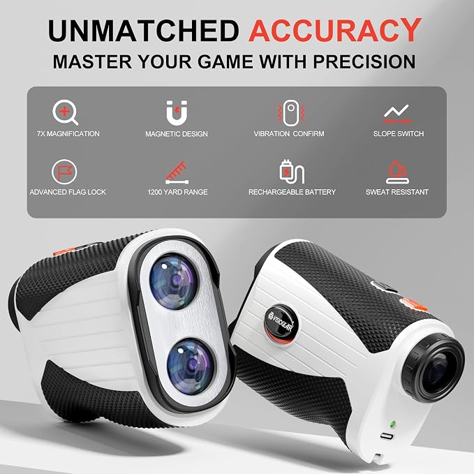 VISIOGEAR Golf Rangefinder with Slope, 1200 Yards Laser Range Finder for Golfer, 7X Magnification Range Finder Rechargeable Golf Accessories for Men, Flag Pole Locking Vibration