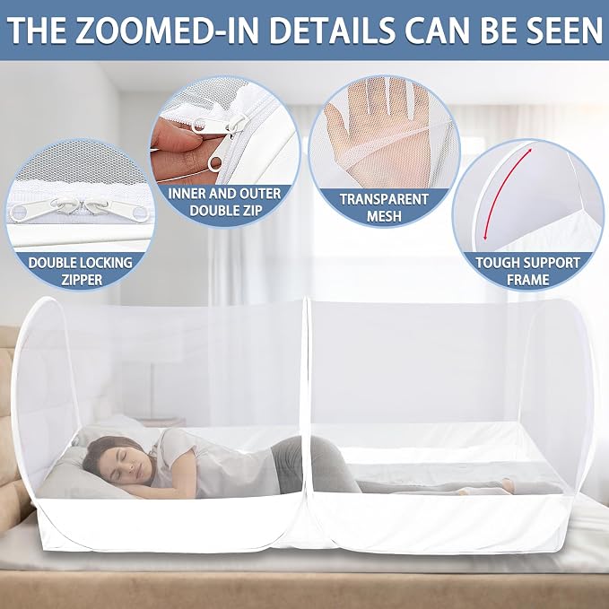 Mosquito Net for Bed - Pop Up Bed Tent - Portable Travel Mosquito Net, Mosquito Netting for Suitable for Baby, Adult Bedroom, Camping, Napping, Patio (White)