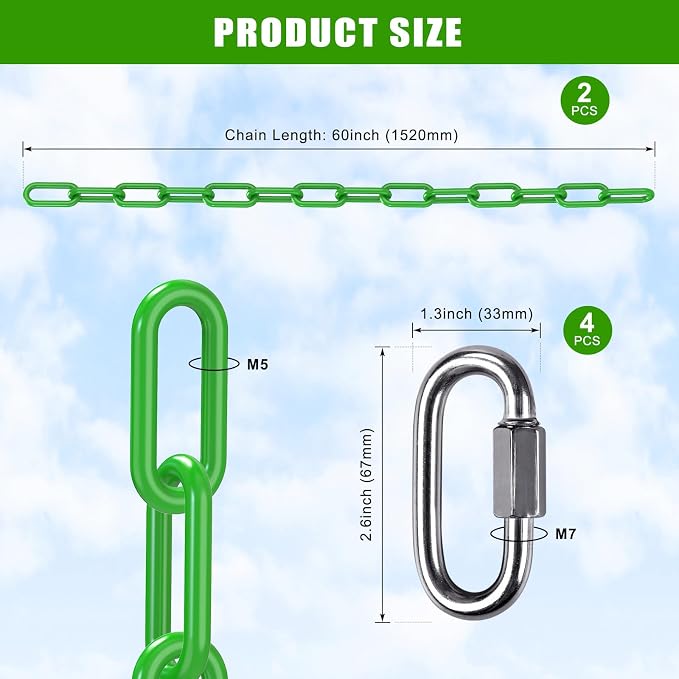SELEWARE 2 Pack 60 Inch Hanging Swing Chain with 4 Carabiners, 1000LB Capacity Plastic Coated Hanging Chains, Hammock Hardware Kit for Swing, Hanging Chair, Punching Bags, Indoor Outdoor Gym (Green)