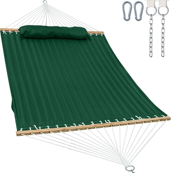 GAFETE Hammock 2 Person Quilted Fabric Hammocks for Outside, Double 12ft Hammocks with Spreader Bar, Large Removable Pillow, Storage Bag, Carabiners, Max 475 lbs Capacity (Night Green)