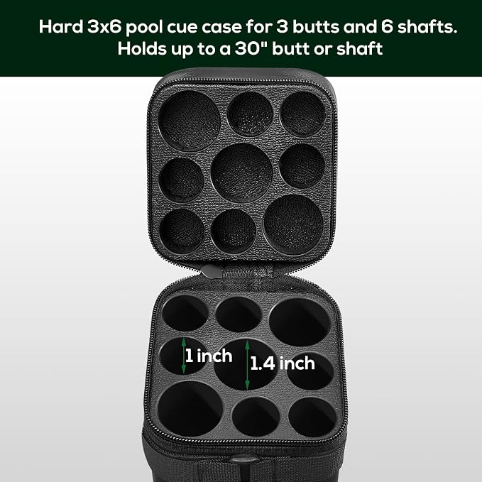 Deekin 3 x 6 Pool Stick Case Hard Billiard Cue Carrying Storage Pouch Table Accessories 9 Holes PU Bags with 2 Pieces Chalk Cubes