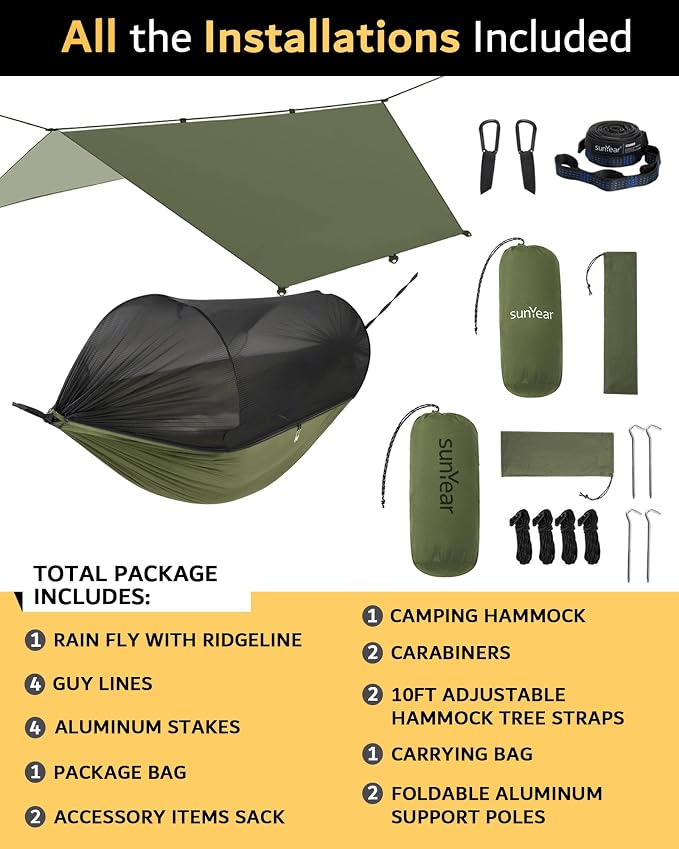 Sunyear Camping Hammock with Spacious Net, Single/Double,Outdoor&Indoor