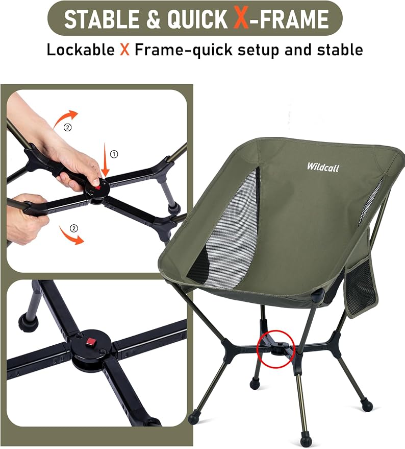 WildCall Lightweight Folding Camping Chair Quick Setup Frame Beach Chair Compact Backpacking Chair with Anti-Sink Feet