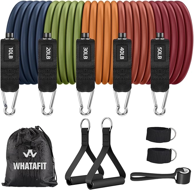 WHATAFIT Resistance Bands, Exercise Bands, Workout Bands with Handles, Door Anchor and Ankle Straps, 5 Resistance Levels Fitness Bands for Strength Training, Physical Therapy, and Home Gym Equipment