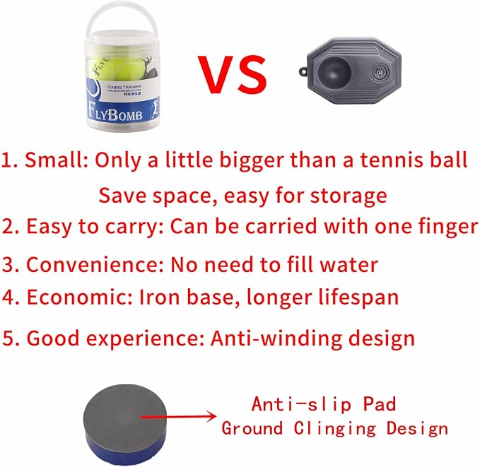 flybomb Portable Tennis Trainer 2.05LB Weight Heavy Iron Base Tennis Training Tool Exercise Tenis Ball Sports Self-Study,3 Replacement Rebound Balls+Wristband+Overgrip+Ring+Damper