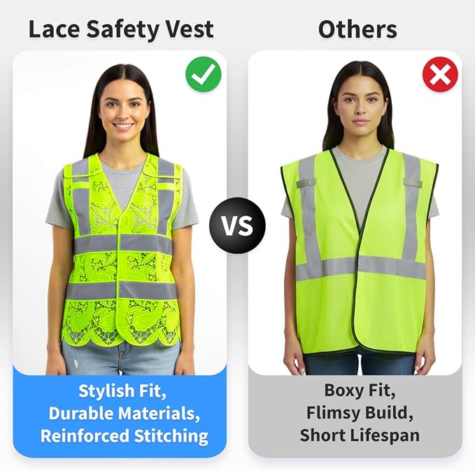Lace-Mesh Safety Vest for Women & Men - Breathable, High Visibility Vest with Zipper & ANSI Class 2 Reflective Strips