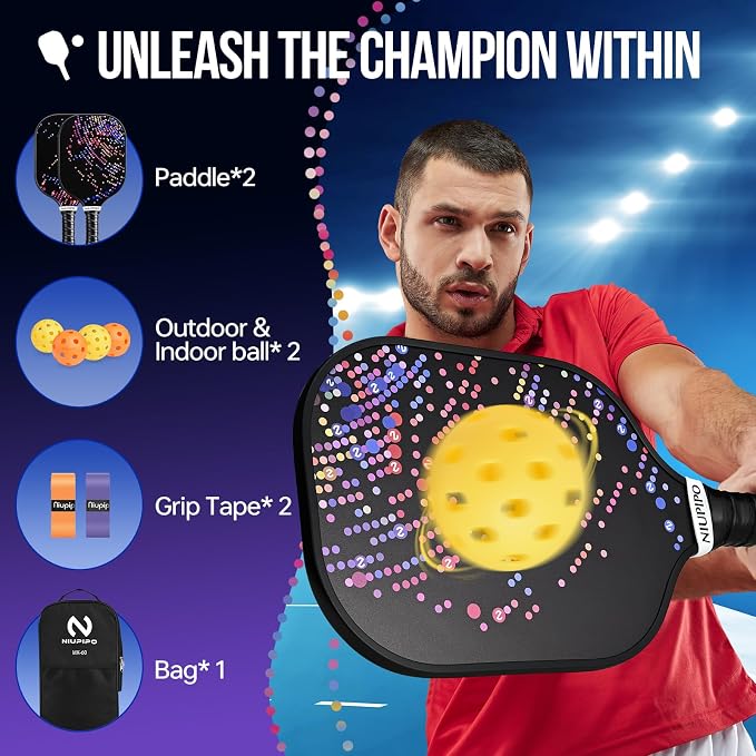 niupipo Pickleball Paddles Set of 2 or 4, USAPA Approved Fiberglass Pickleball Paddle Set with Balls and Bag, Polypropylene Honeycomb Core, Lightweight Pickleball Paddles for Beginners Men Women