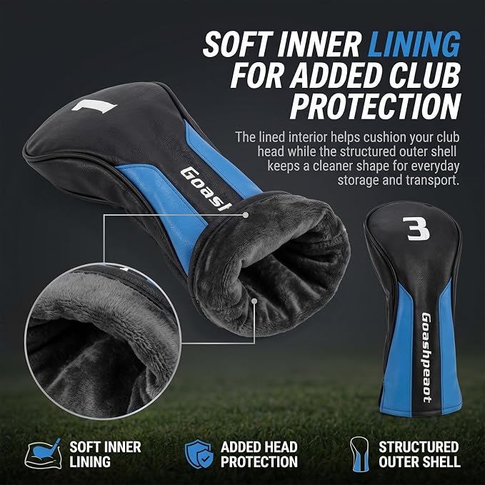 Premium PU Leather Golf Head Covers, Golf Club Headcovers for Driver Fairway Wood Hybrid, Protective PU Leather Wood Covers with Number Tags and Soft Lining
