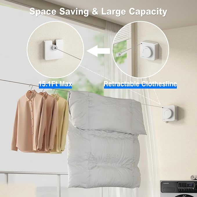 MUSTORN Retractable Clothesline Indoor, Non-Sagging Outdoor Clothes Line Retracting Heavy Duty Clothes Drying Laundry Line Wall Mounted Stainless Steel Line-15.1 Feets(Square-White)