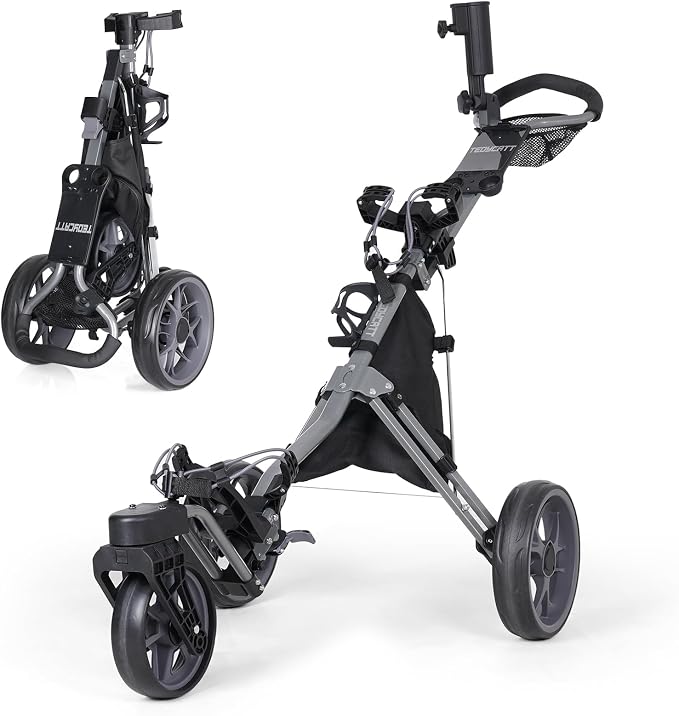360 Golf Pull Cart: Lightweight Folding Swivel 3 Wheels Golf Caddy with Foot Brake, Cooler Bag, Drink& Umbrella Holder, Gray