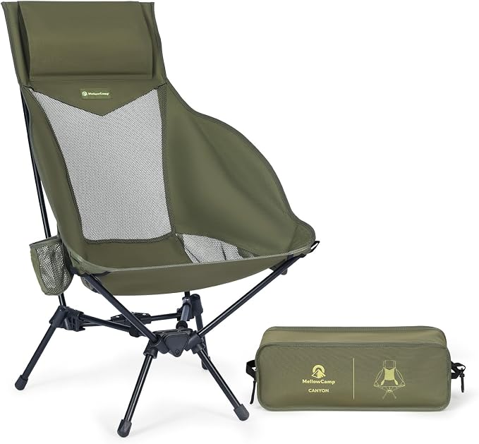 MellowCamp Folding High Back Camping Chair with Pillow, Portable Lightweight Chair Supports 374 lbs for Car Camping, RV, Tailgating, Beach, Fire Pit, Festival (Green)