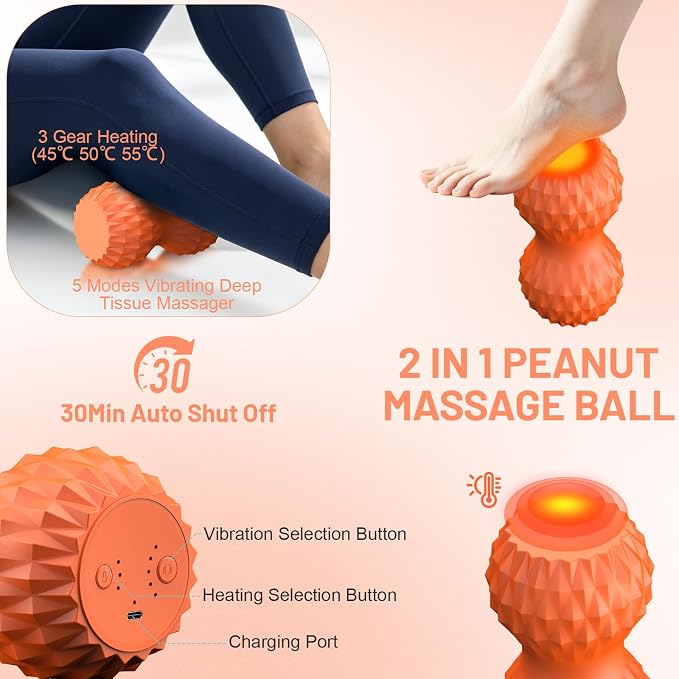 Vibrating Peanut Massage Ball, 3 Gear Heating, 5 Modes Deep Tissue Massager, Rechargeable Myofascial Release Roller for Muscle Pain Relief, Fitness, Yoga(Orange)