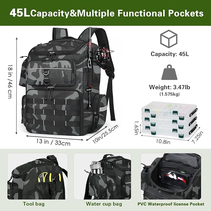 Fishing Backpack with Rod Holders, 45L Large Water-Resistant Tackle Box Backpack, Fishing Gear Gifts for Men -Camouflage