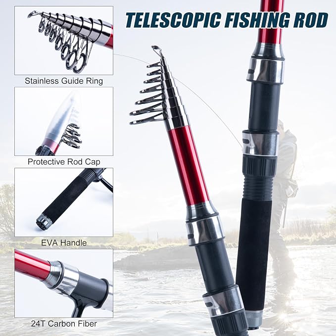 Goture 2-Pack Fishing Rod and Reel Combo with Carrier Bag,1.8M-2.7M | 2PCS Telescopic Fishing Pole,2PCS Spinning Reel,Line,Lures,Pliers,Gripper, for Saltwater and Freshwater Travel,Starter Kit