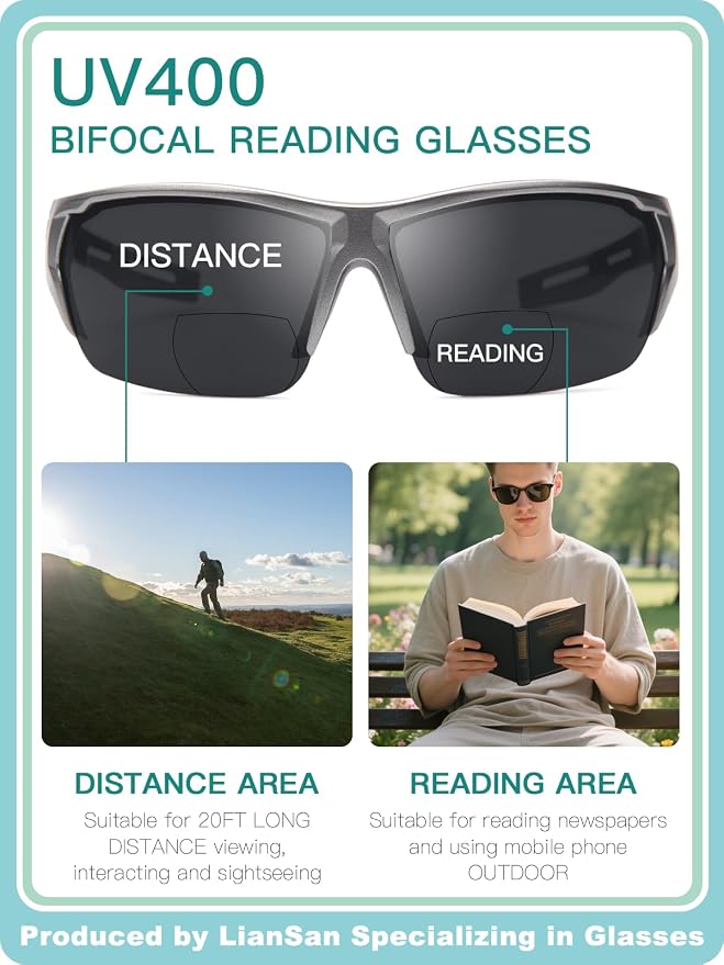 LianSan 2PCS Bifocal Reading Sunglasses for Men Women - Wide Frame Shades Reader Sunglasses XL Sun Readers for Outdoor Sports