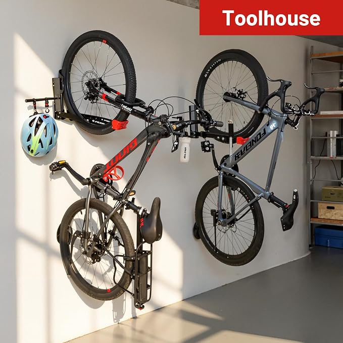Bike Wall Mount Rack Adjustable & Foldable Garage Bike Rack with Swivel Design & 2 Storage Hooks, Fits 20"-29" Bikes, Holds Up to 77 lbs, Easy Install & Space-Saving Bike Storage 2 Pack