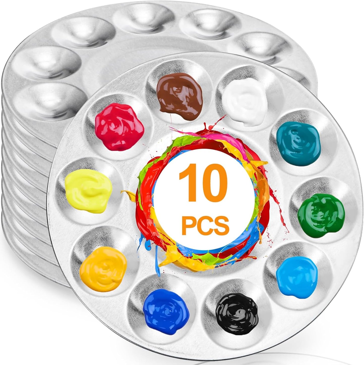 10 Pack Paint Tray Palettes, 6.7&quot; Metal Paint Mixing Pallets, 10-Well Painting Palette, Washable Round Paint Holder Tray for DIY Craft Professional Watercolor Oil Art Painting Project, Silver