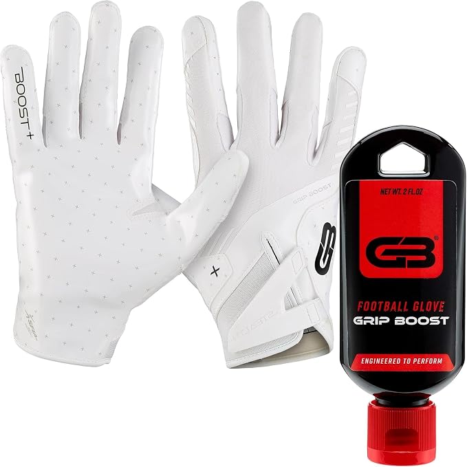 Grip Boost Football Gloves - Solid Stealth 6.0 with Grip Gel Bundle (Solid White, Medium)