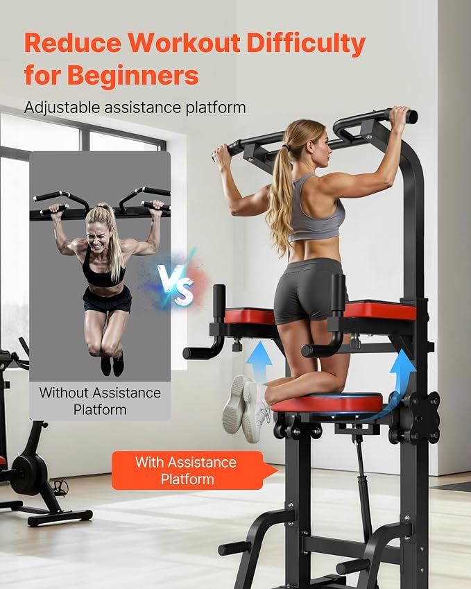 VEVOR Pull Up Bar, 330 LBS Power Tower Dip Station, Workout Dip Station with H-Shaped Stable Base & Assistance Platform, Adjustable 9 Level Height Pullup Stand for Back, 3-Level Adjustable Elbow Pads