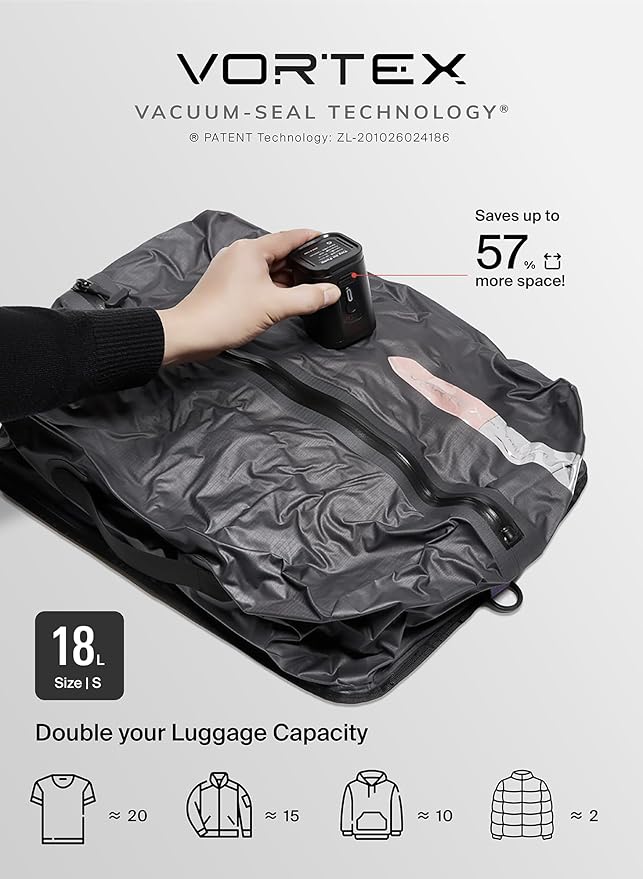 Black Voyage Reusable Vacuum Compression Travel Bag for Carry-On Suitcase and Backpack, Recycled IPX8 Waterproof Space Saver Vacpack (1-Pack, 18L - Pump Included)