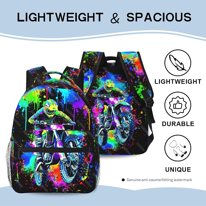 Motocros Backpack For Boys Motocros Dirt Bike Boys Backpack For Kids Children Teens Elementary Middle School Motorcycle Bookbag Travel Back Pack for Age 6-18