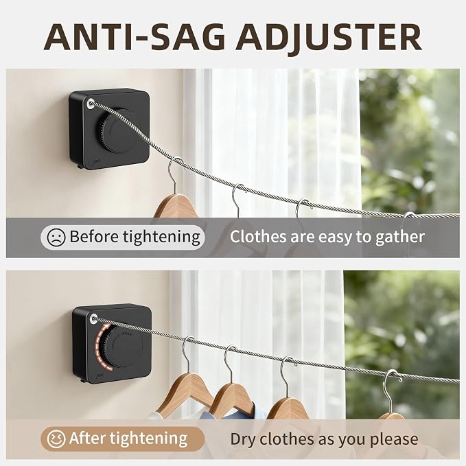 Anti-Sag Retractable Clothesline 40LB Capacity - 201in Stainless Steel Laundry Line for Indoor Outdoor, Wall Mounted Space Saving Easy Install (Black, with Pole)