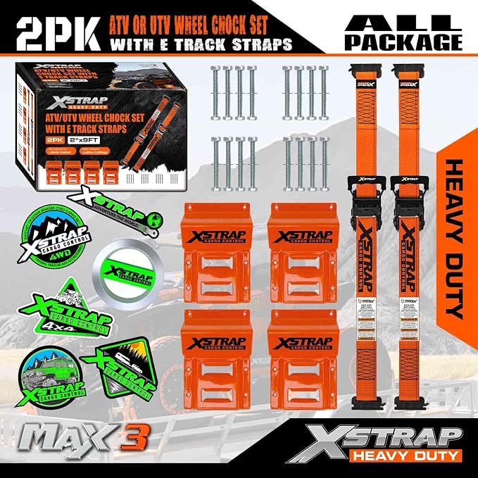 XSTRAP STANDARD Wheel Chock E-Track Tie Down Straps Kit, 2 Pack 2" x 9FT Over-The-Tire Ratchet Straps with Steel Wheel Chocks, 1466 lbs WLL for ATV, UTV, Lawn Mower, Trailer Hauling, Orange