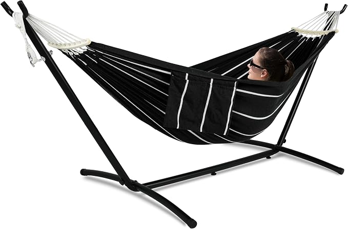 GAFETE Double Hammock with Stand for Outside, Upgraded Spreader Bar, Heavy Duty Space Saving Steel Stand 2 Person, Side Pockets, Easy Assembly, 600lbs Weight Capacity, Indoor & Outdoor (Darkness)