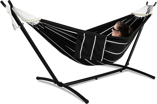 GAFETE Double Hammock with Stand for Outside, Upgraded Spreader Bar, Heavy Duty Space Saving Steel Stand 2 Person, Side Pockets, Easy Assembly, 600lbs Weight Capacity, Indoor & Outdoor (Darkness)
