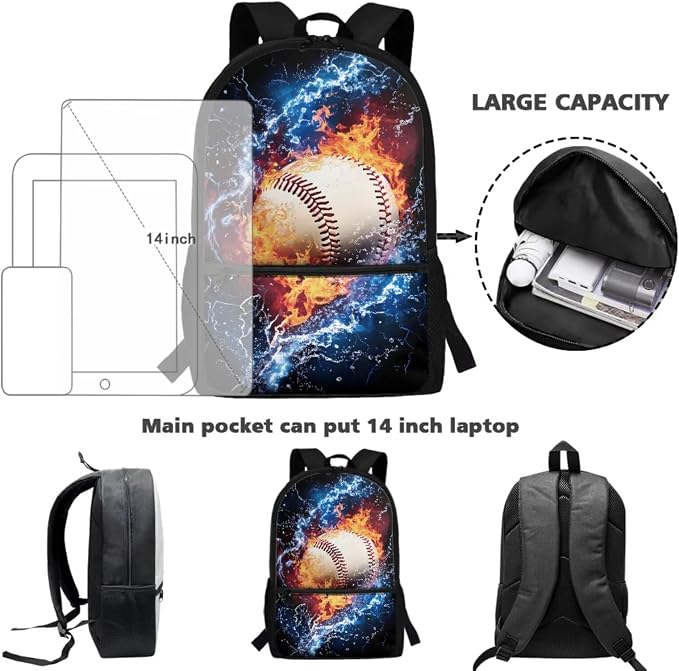 Baseball Backpack for Boys School Bag with Lunch Bag Pencil Case and Water Bottle Holder 4 PCS Girls Daypack Waterproof Bagpack Back to School Accessories