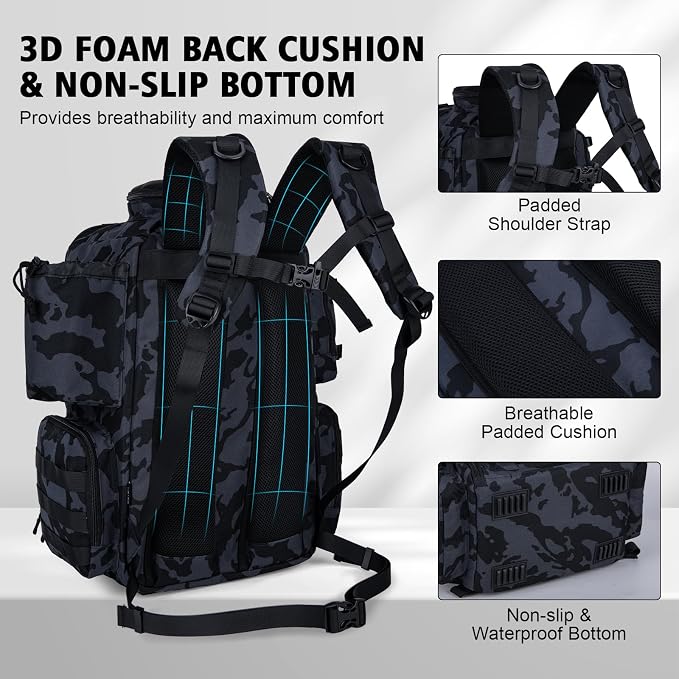 Goture Fishing Backpack,900D Water-Resistant Tackle Backpack with Rod Holders, SBS Zippers,45L Large Fishing Bag Storage Gear Tackle Bag with Rain Cover, Bottle Holder for Travel Camping Hiking