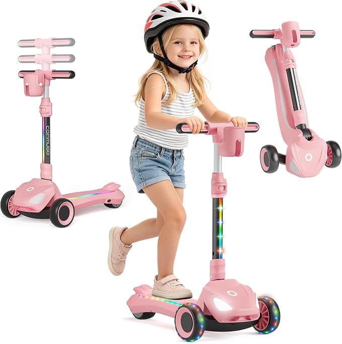 Electric Scooter for Kids with 3 LED Lighted Wheels, Adjustable Height & Lean-to-Steer, Anti-Slip Deck with Lights, Easy-Fold Mechanism, Balance Scooter for Kids,Toddlers