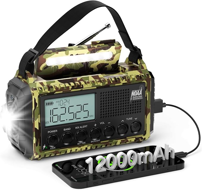Emergency Weather Radio,12000mAh/44400mWh Solar Hand Crank AUTO NOAA Alert/AM/FM/SW Shortwave Radio with Type-C Charger, Battery Operated Radio,Reading Lamp, SOS & Flashlight for Emergencies