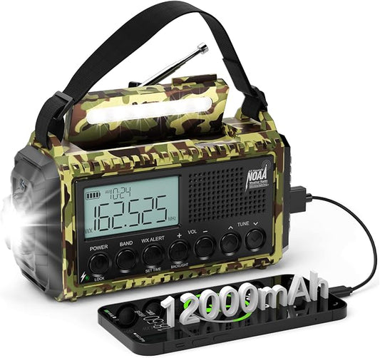 Emergency Weather Radio,12000mAh/44400mWh Solar Hand Crank AUTO NOAA Alert/AM/FM/SW Shortwave Radio with Type-C Charger, Battery Operated Radio,Reading Lamp, SOS & Flashlight for Emergencies