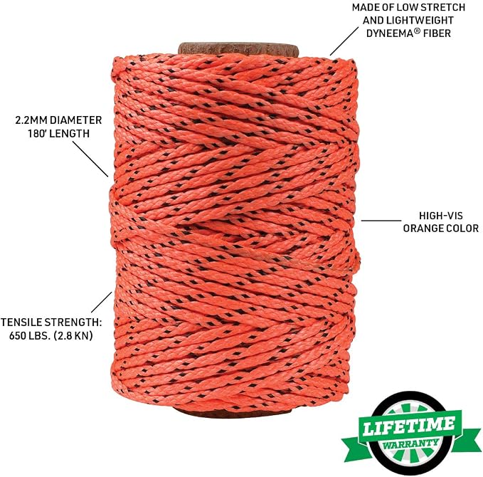 Notch Acculine 2.2mm x 1000 ft. Dyneema Throwline, Wear Resistant, Knot Friendly, Tensile Strength: 650 lbs. - Orange (NTL22-1000)