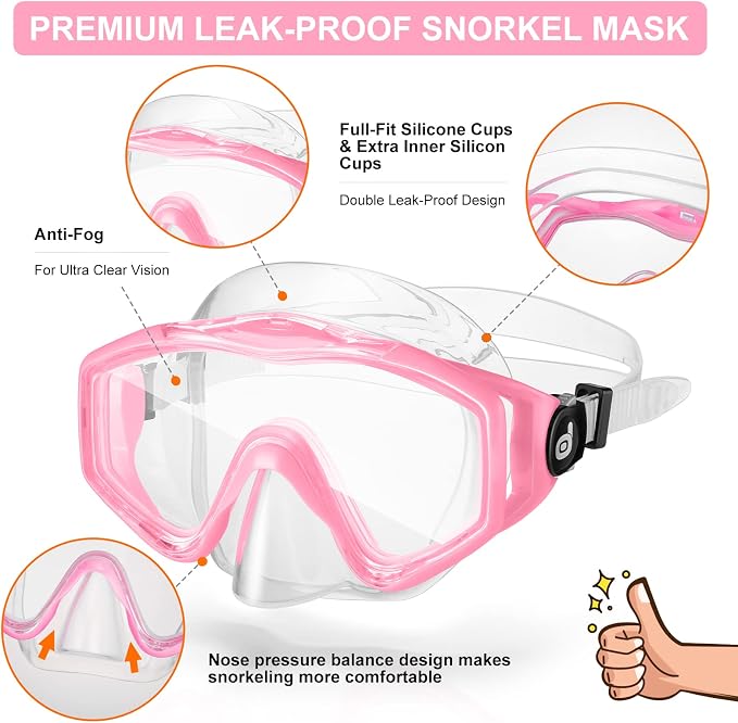 Odoland Snorkel Set, Adults Snorkeling Packages with Dry Top Diving Mask, Adjustable Swim Fins, Mesh Bag, Anti-Fog Anti-Leak Snorkeling Gear for Men Women