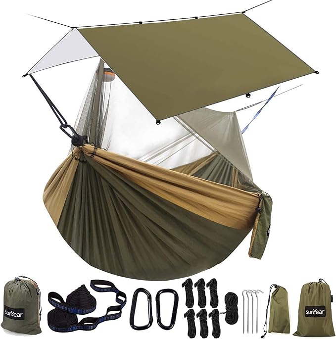 Sunyear Hammock Camping with Rain Fly Tarp and Net, Portable Camping Hammock Double Tree Hammock Outdoor Indoor Backpacking Travel & Survival, 2 Tree Straps,100% Waterproof