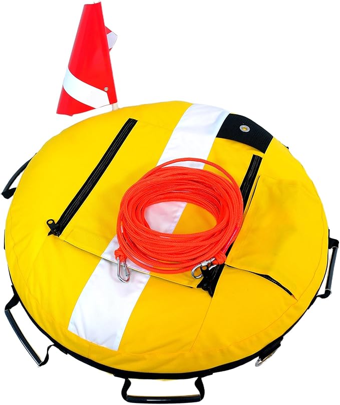Dive Float Buoy with Flag, Yellow and White, Inflatable Safety Marker with Rope